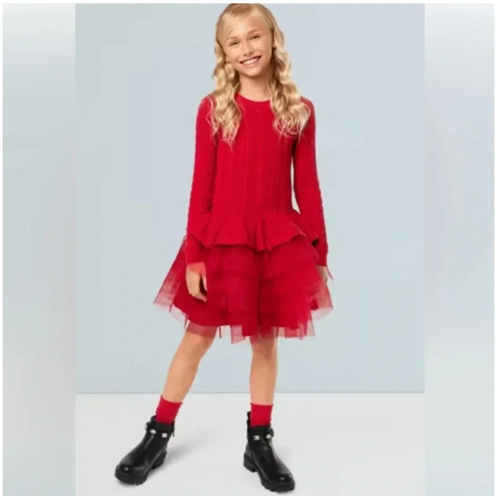American Girl Red Crimson Sparkle Sweater Dress Sz 6 Cable Knit Tulle Skirt